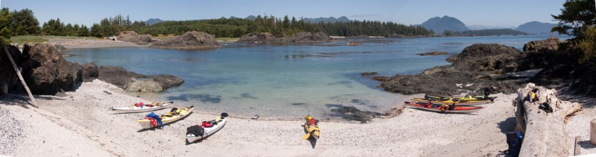 panorama shell beach from base camp kayaking on Spring Island, Kyuquot area