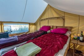 comfy beds in waterfront tent