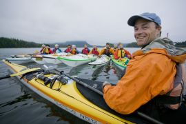 Dave Pinel guiding with a group of paddlers