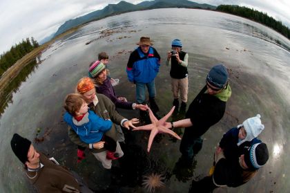 examining a sea star on an intertidal walk