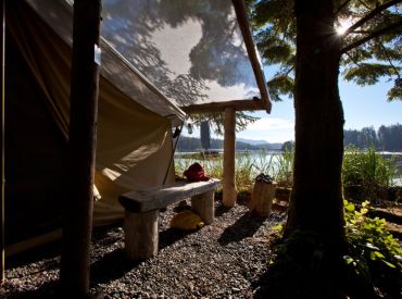 image by Mike Byrne waterfront canvas tent with morning sunshine