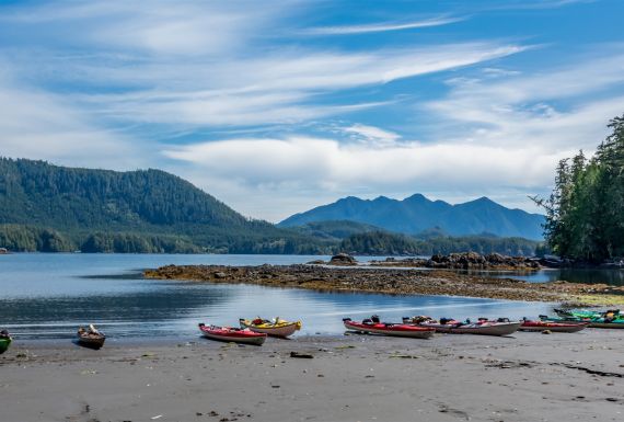 Beached kayaks in Mission Group Island, Kyuquot Sound