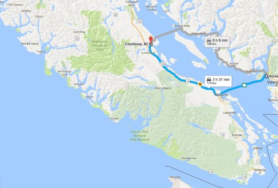 Vacouver to Courtenay, via Horsheshoe Bay and Departure Bay BC Ferry Terminals