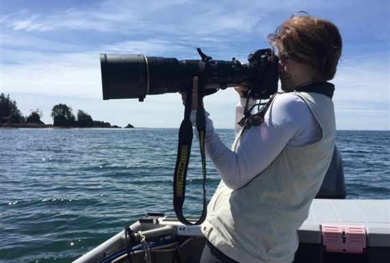 Isabelle Groc in action photographing sea otter raft